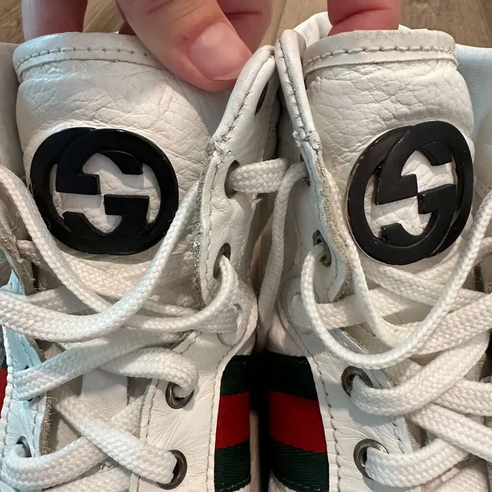Vintage Leather Gucci High Top Sneakers Web Stripe Streetwear Size 43 / 10 US